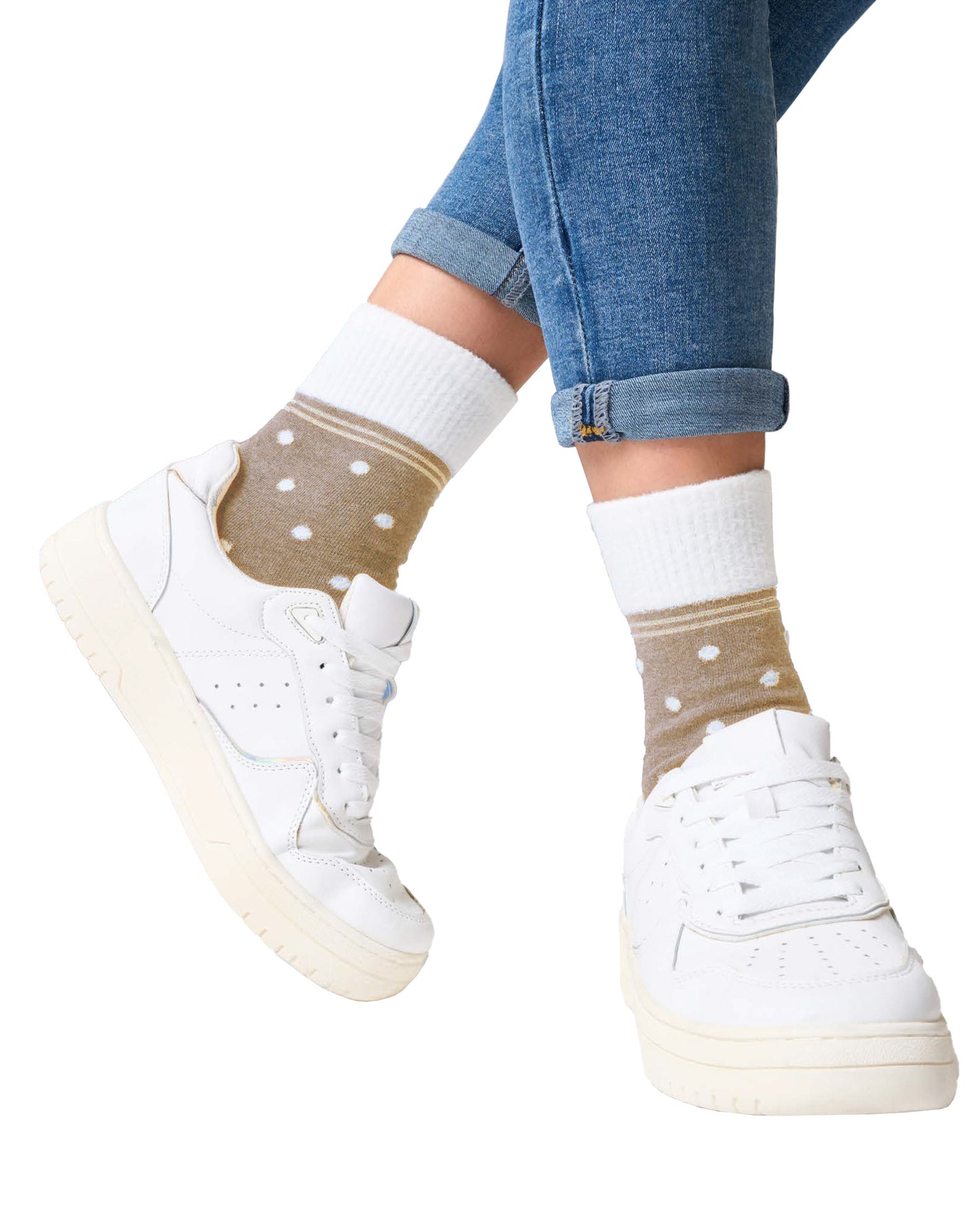SiSi Puff Calzino - Beige / oat cotton mix ankle socks with a contrasting cream fluffy faux fur polka dot pattern, double faux fur cuff with gold lamé stripe.