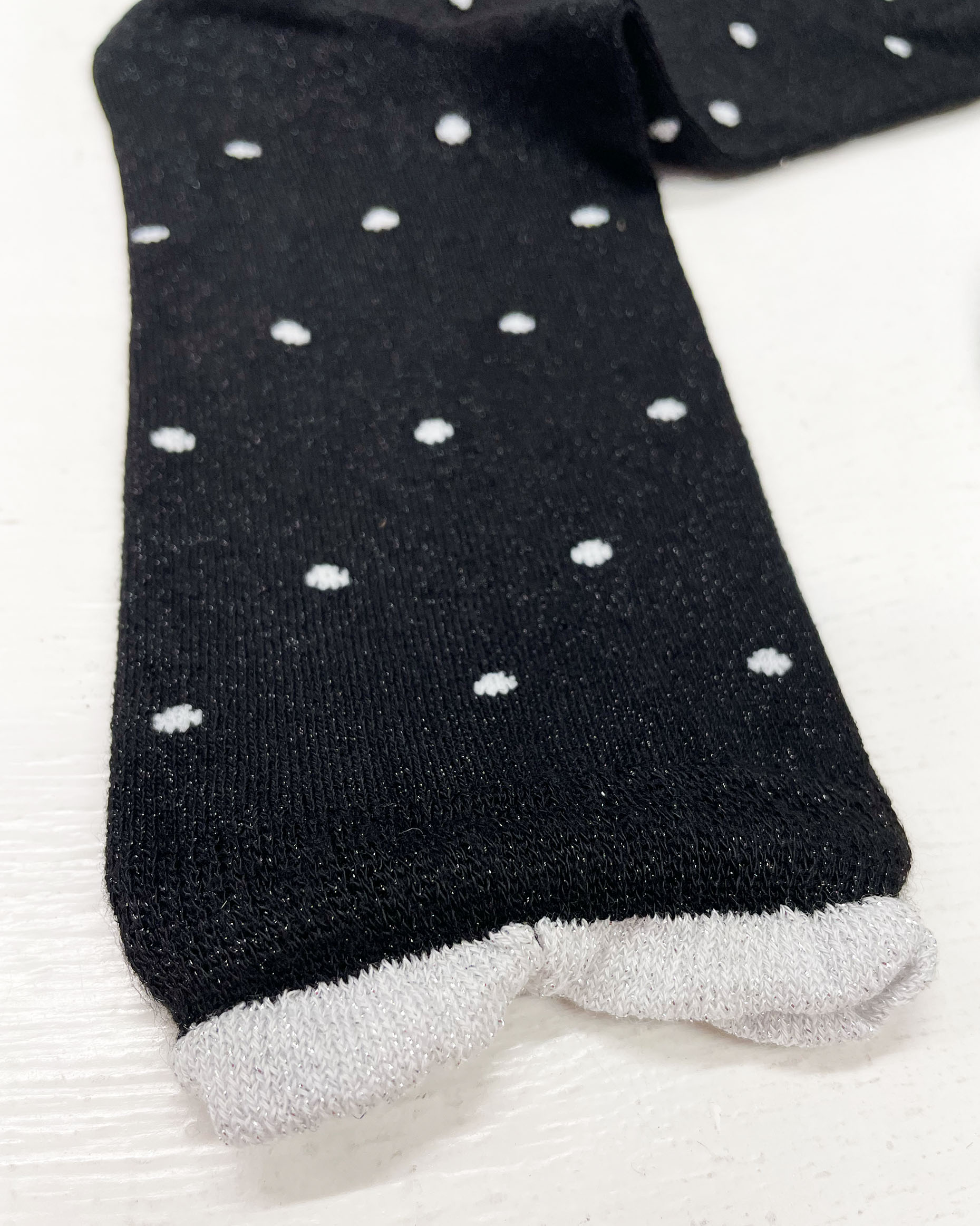 SiSi Smile Sock - Black viscose mix sparkly lamé ankle socks with an all over silver polka dot pattern, silver comfort edge with gathered stitching.
