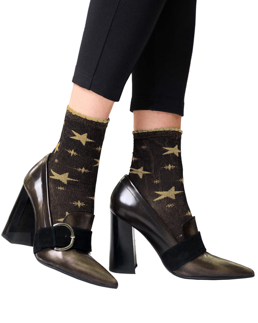 SiSi Star Calzino - Black and gold coloured light viscose mix ankle socks with all over star pattern and scalloped edge cuff.