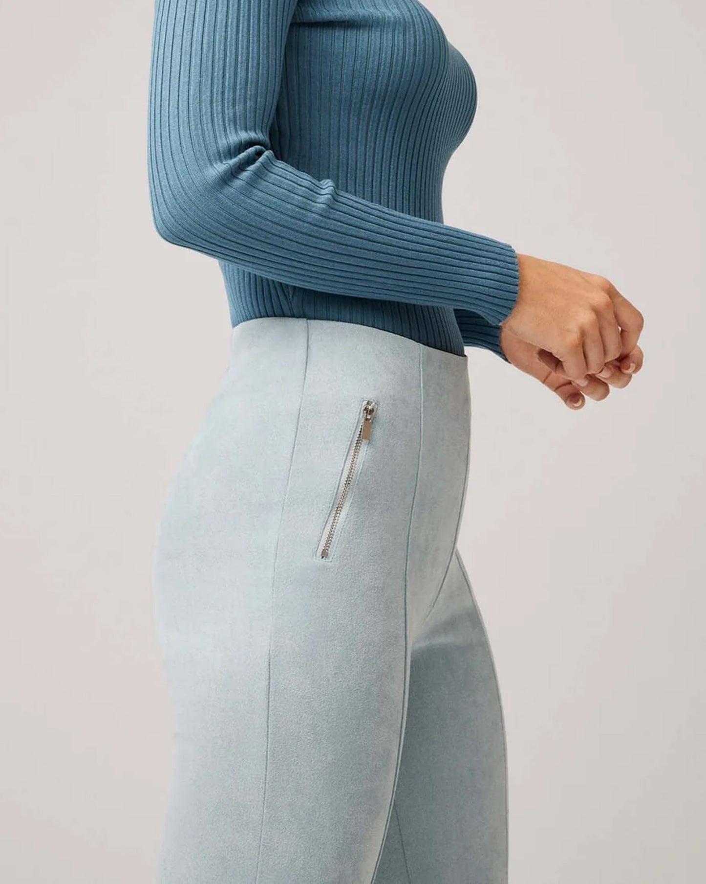 Ysabel Mora 70297 Faux Suede Leggings - Pale pastel blue velvet suede effect high waisted trouser leggings (treggings) with raised seam down the front and zipper details on the sides.