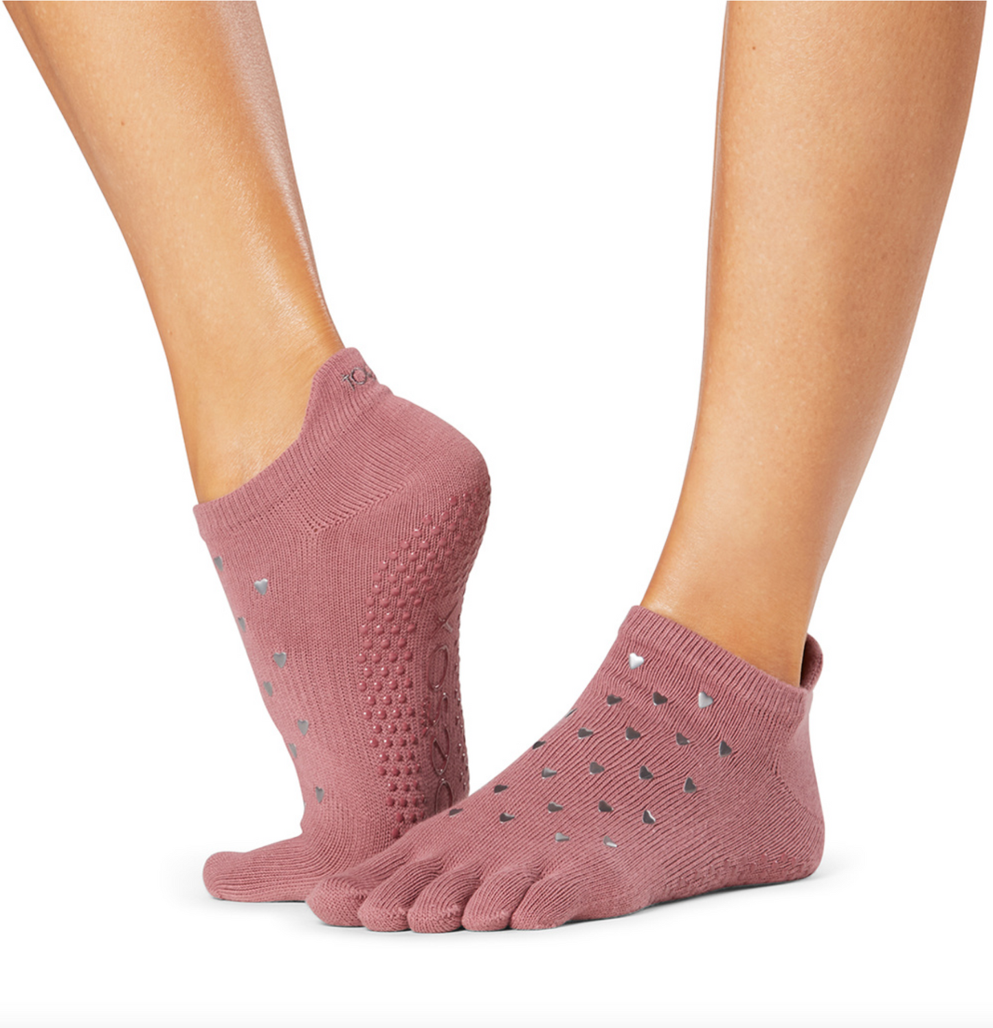 ToeSox Low Rise Full toe - mauve toe socks with metallic grey heart print, gripper sole, perfect for pilates and yoga