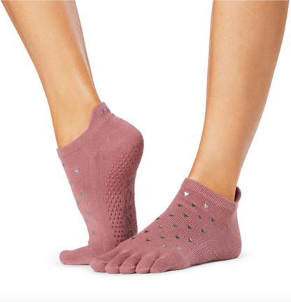 ToeSox Low Rise Full toe - mauve toe socks with metallic grey heart print, gripper sole, perfect for pilates and yoga