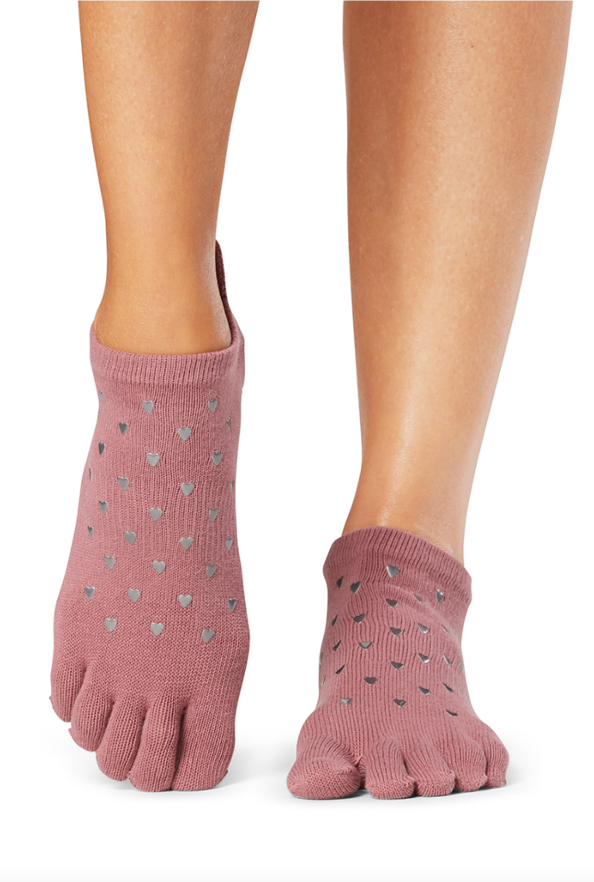 ToeSox Low Rise Full toe - mauve toe socks with metallic grey heart print, gripper sole, perfect for pilates and yoga