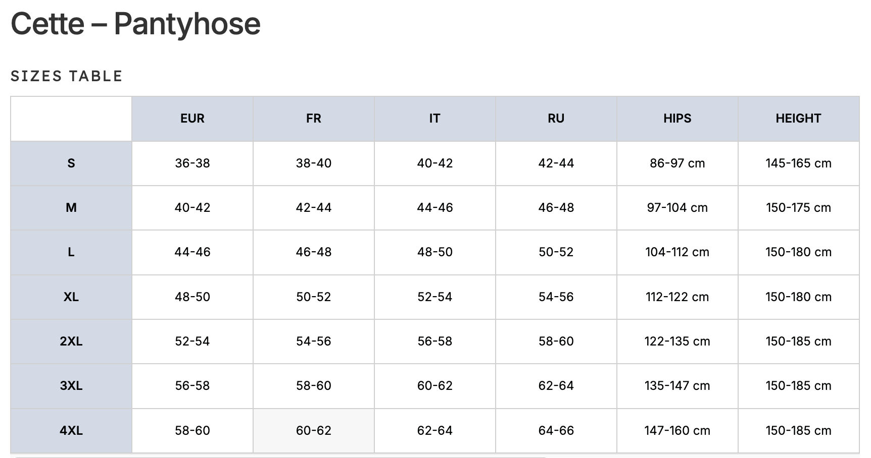 Cette - Tights Size Chart
