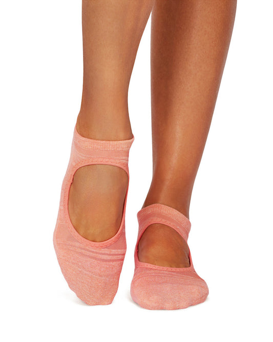 Tavi Noir Emma Sock - Peach/coral coloured low ankle socks with a stripe pattern, strong grip sole, perfect for wearing to yoga or pilates.