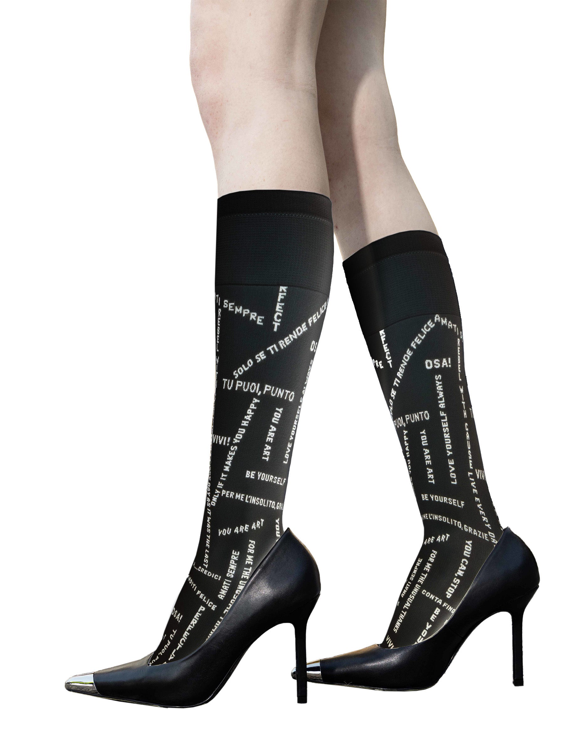 Trasparenze Las Vegas Knee-High Socks - Black opaque fashion knee-high socks with slogans and motivational text woven pattern in white.