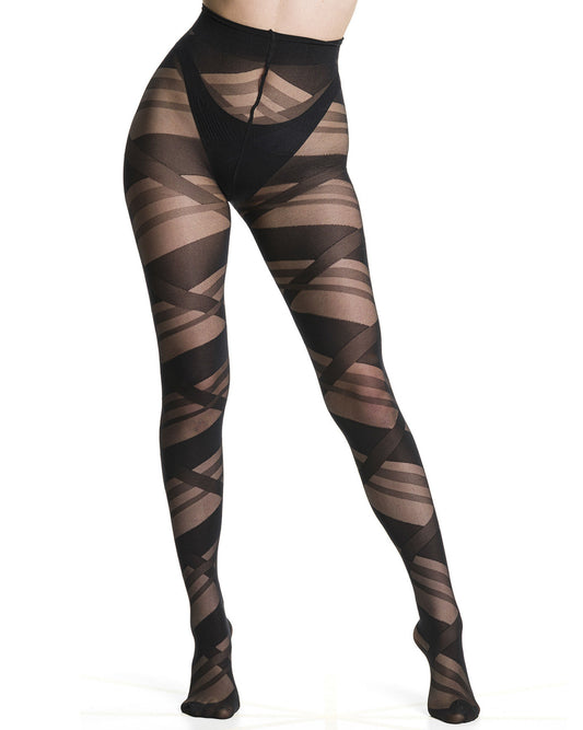 Sheer black fashion tights with an opaque criss cross diagonal stripe pattern that resembles ribbons or bandages.