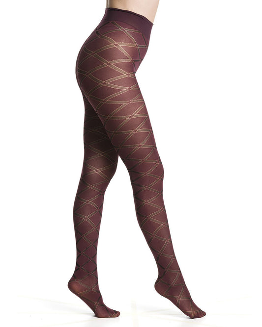 Burgundy opaque fashion tights with a black linear criss-cross ribbon style pattern and deep comfort waist band.