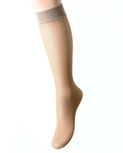 Trasparenze Ambra Gambaletto - Classic micro fishnet knee-high socks with a plain elasticated cuff in a light tan / nude / beige colour (sabbia).