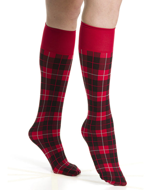Red and black plaid knee-high socks on a white background
