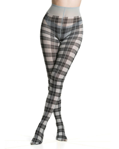Light grey plaid/tartan patterned tights on a white background