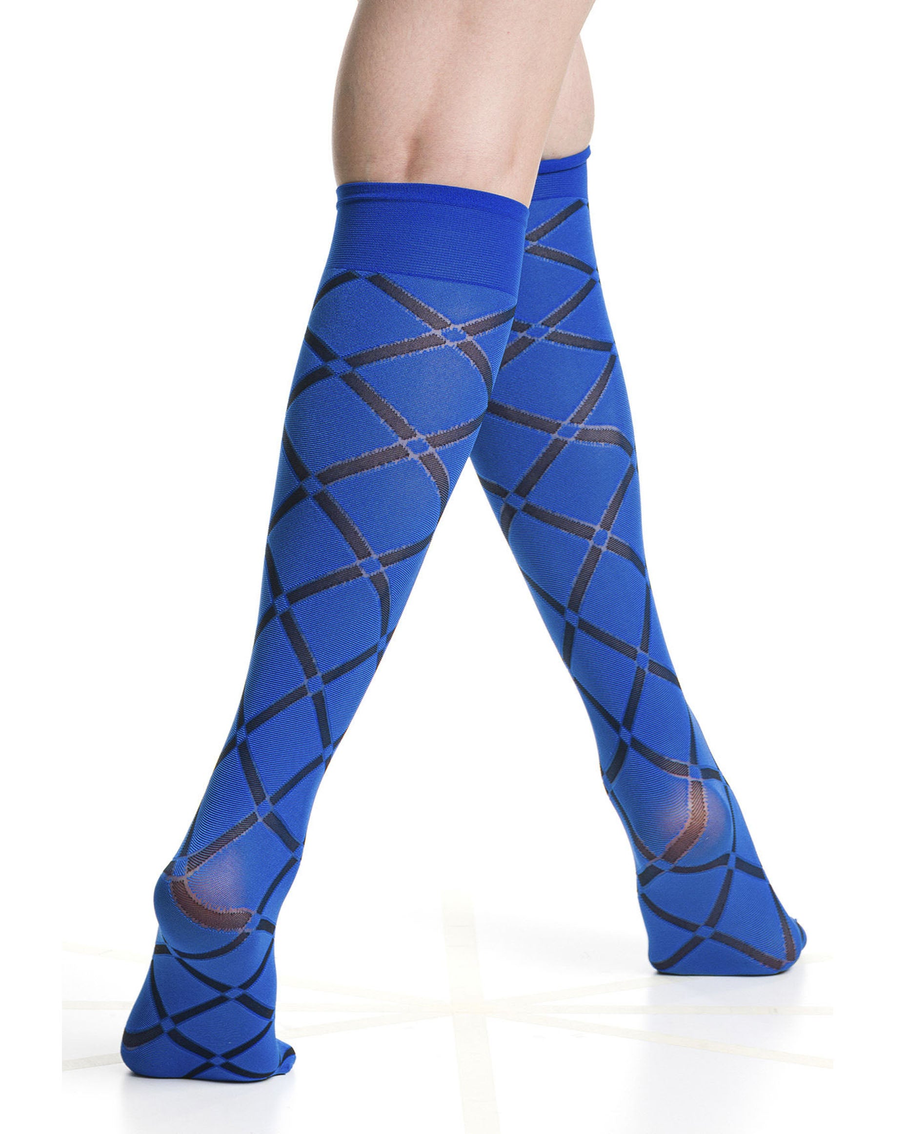 Soft opaque royal blue fashion knee-highs with a black linear diamond pattern and deep comfort cuff.