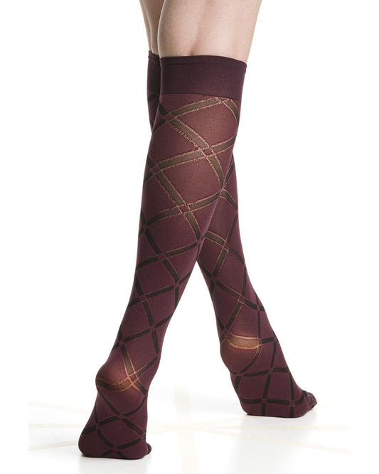 Soft opaque burgundy fashion knee-highs with a black linear diamond pattern and deep comfort cuff.