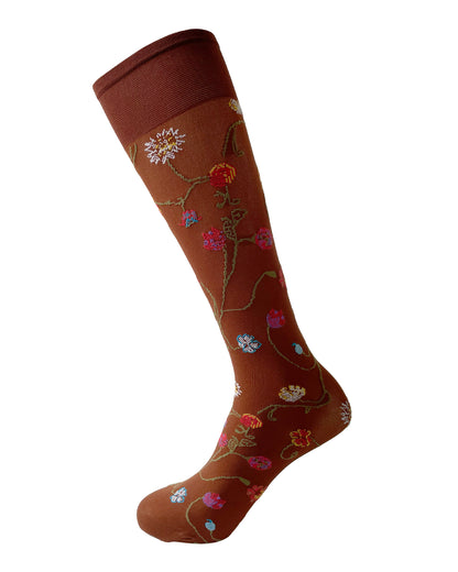 Trasparenze Platino Gambaletto - Bronze/brown soft opaque fashion knee-high socks with a multicoloured woven floral pattern and deep comfort cuff.