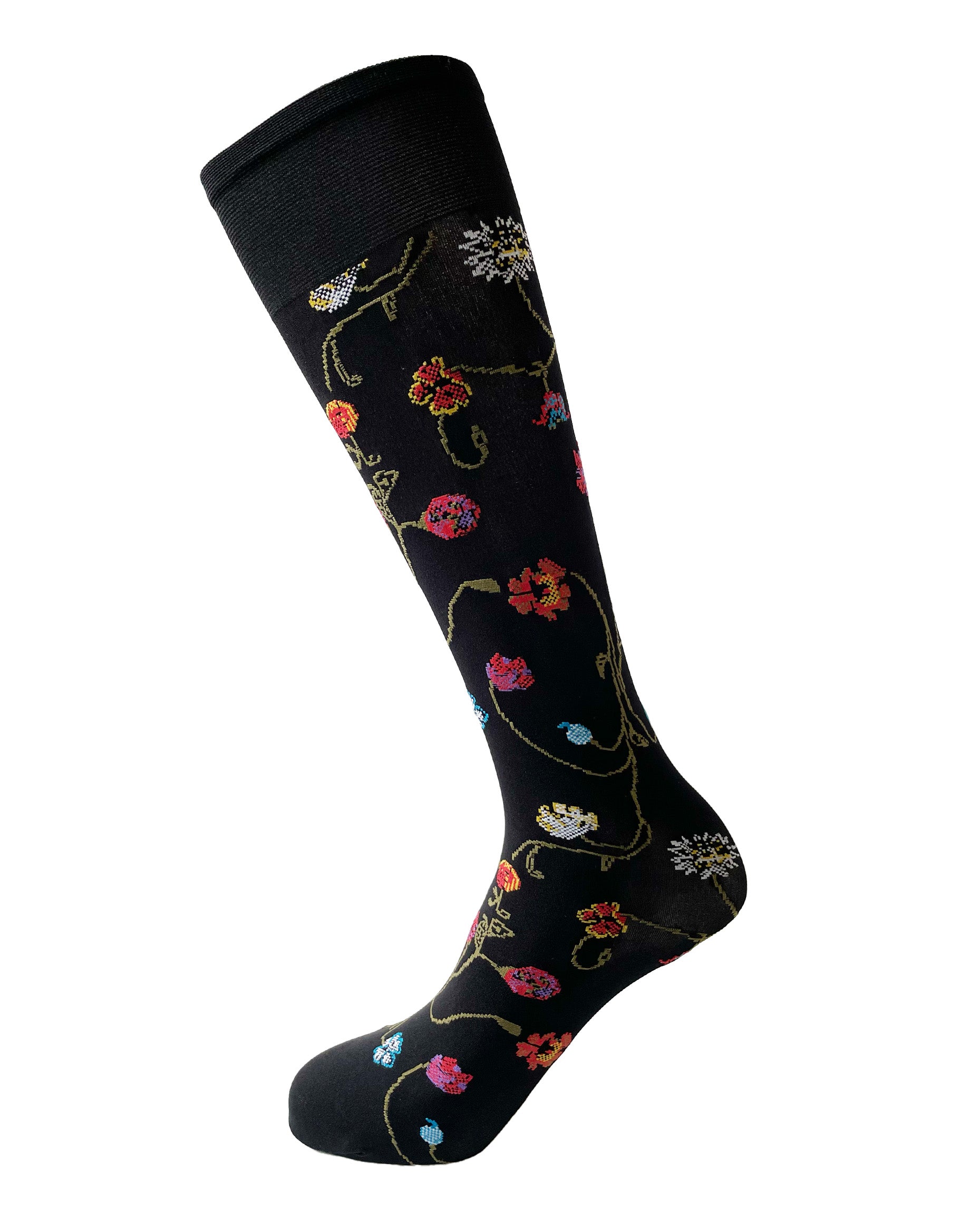 Trasparenze Platino Gambaletto - Black soft opaque fashion knee-high socks with a multicoloured woven floral pattern and deep comfort cuff.