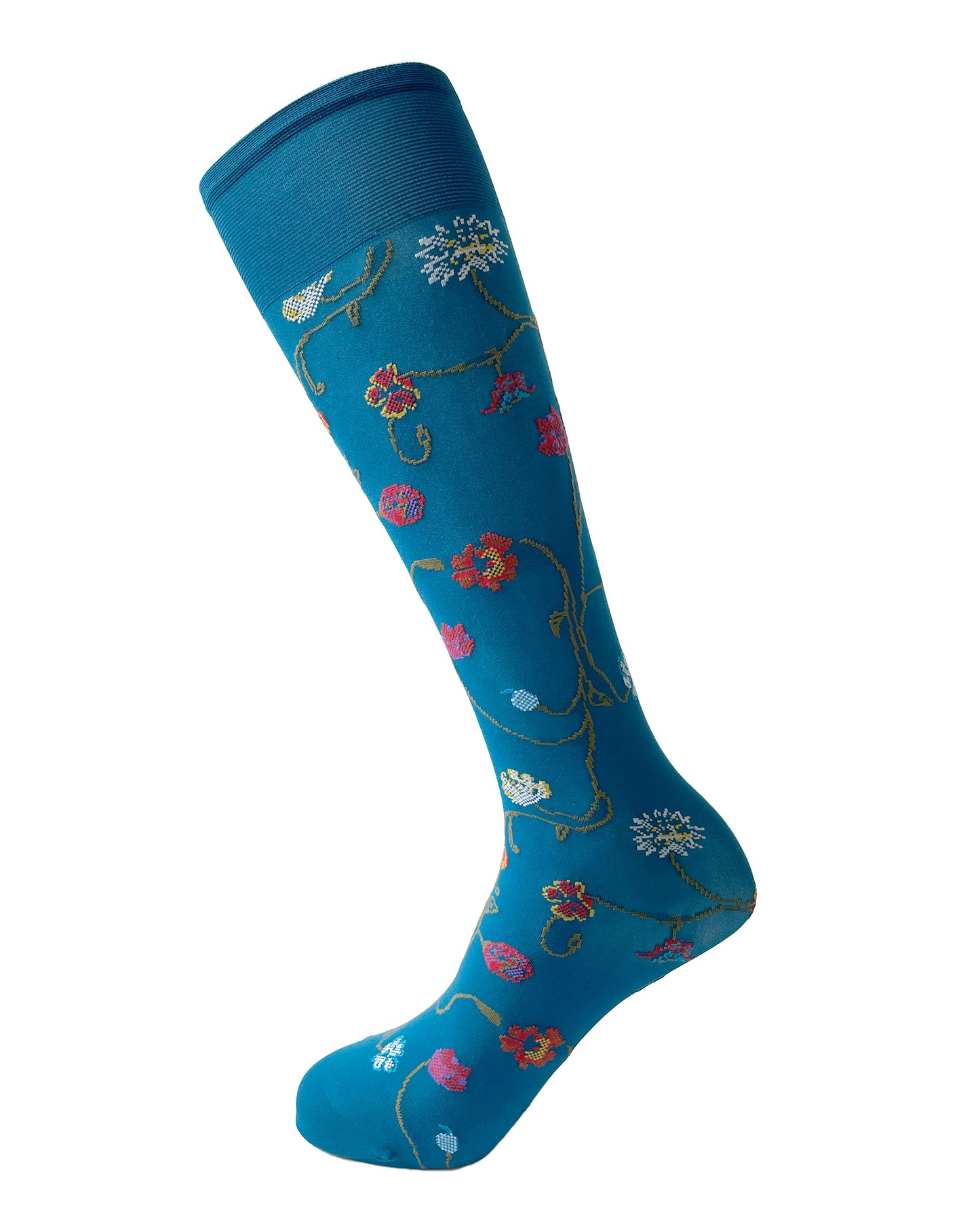 Trasparenze Platino Gambaletto - Teal blue soft opaque fashion knee-high socks with a multicoloured woven floral pattern and deep comfort cuff.
