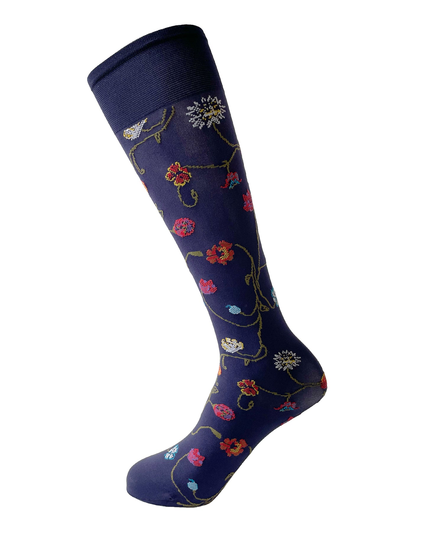 Trasparenze Platino Gambaletto - Dark purple soft opaque fashion knee-high socks with a multicoloured woven floral pattern and deep comfort cuff.