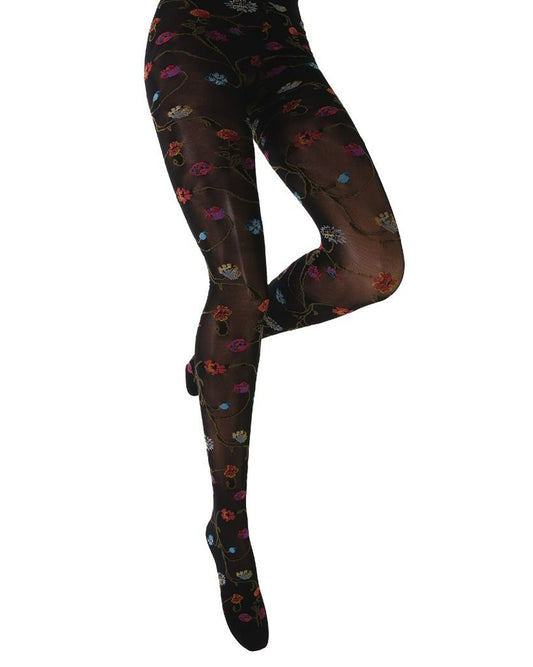 Black tights with colorful floral pattern on a white background
