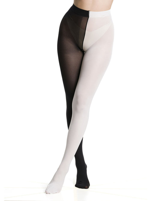 Soft opaque fashion tights with one leg black and the other leg white.