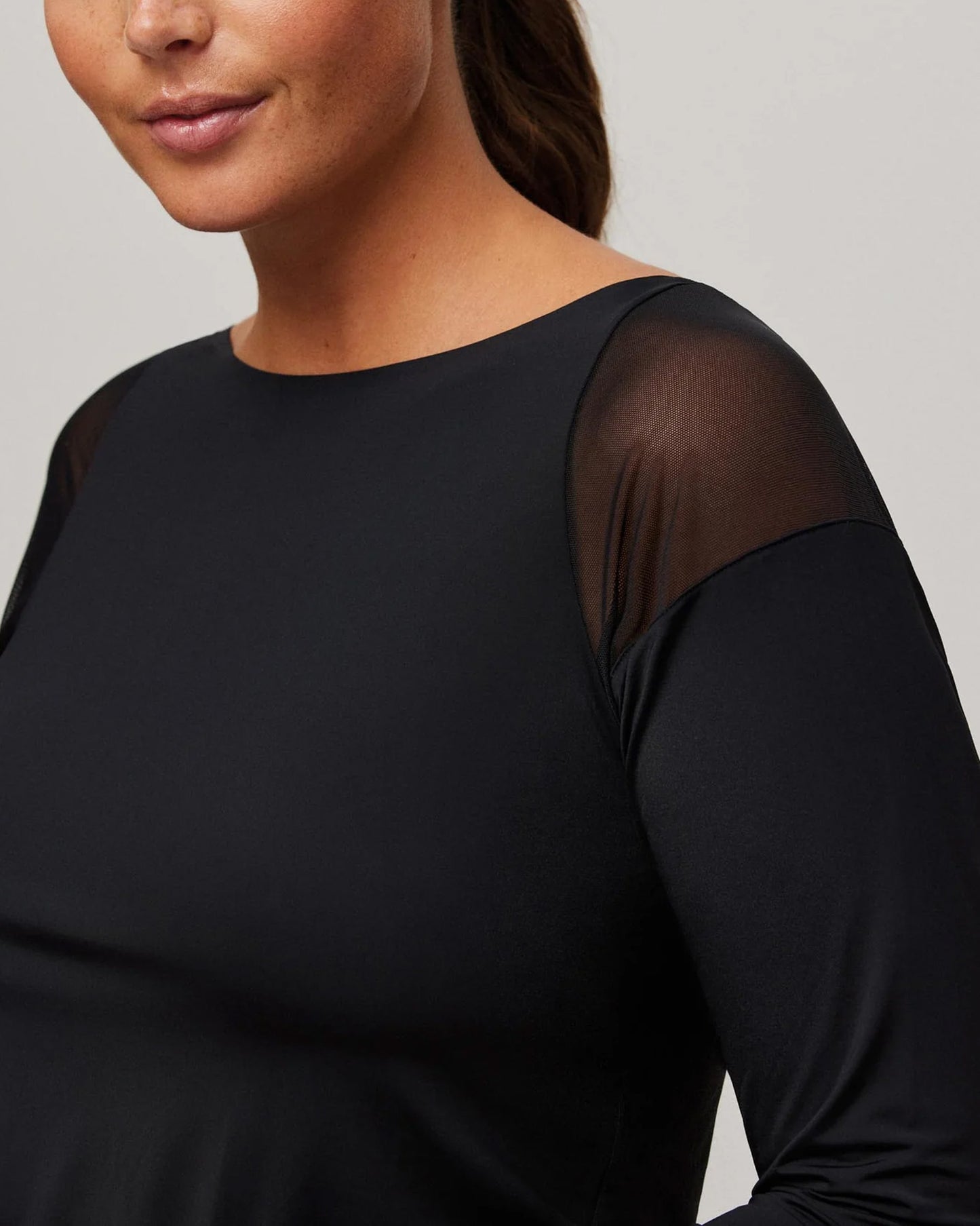Ysabel Mora 10054 Tulle Shoulder Top - Slinky and stretchy black long sleeved top with sheer mesh panels on the shoulder and straight neck line.