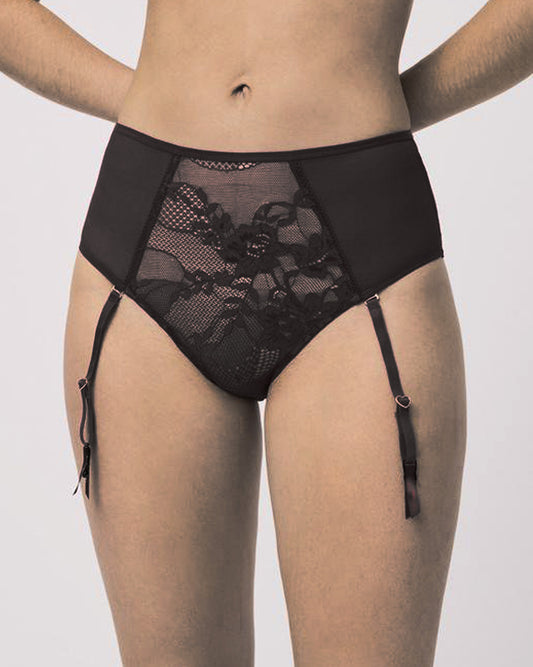 Ysabel Mora 10630 Lace Suspender Brief - Black high-waisted panty briefs with removable suspender straps, floral lace panel on the front and back and tulle side panels.