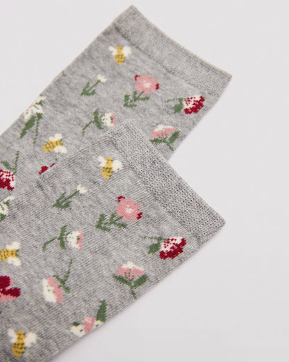 Ysabel Mora 12205 Flowers & Bees Sock - Light fleck grey crew length cotton ankle socks with an all over pattern of flowers and bumble bees and a plain elasticated cuff.