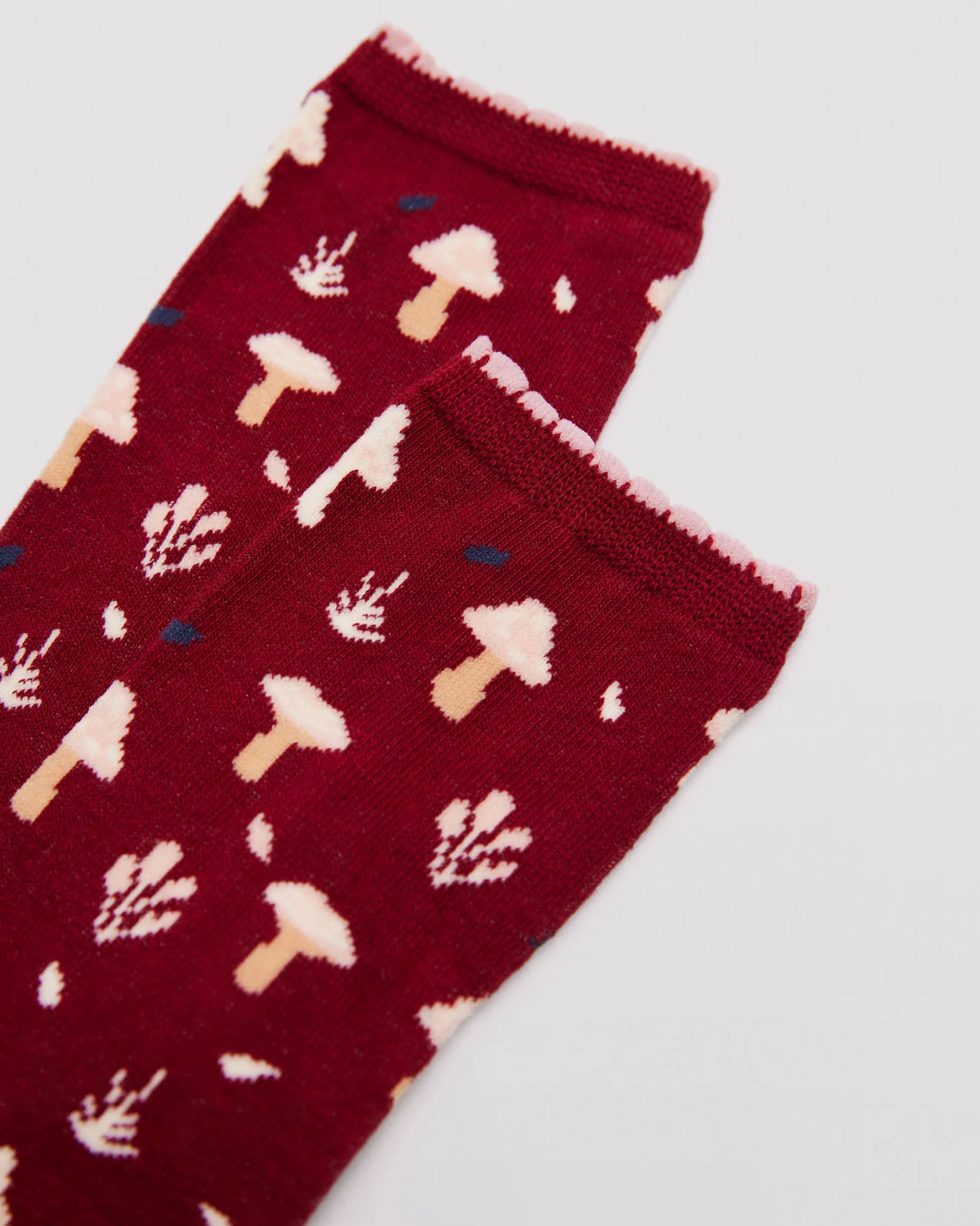 Ysabel Mora 12206 Mushroom Socks - Wine crew length cotton ankle socks with an all over pattern of mushrooms and fungi in cream, pale peach and navy with a pale pink scalloped edge elasticated cuff detail.