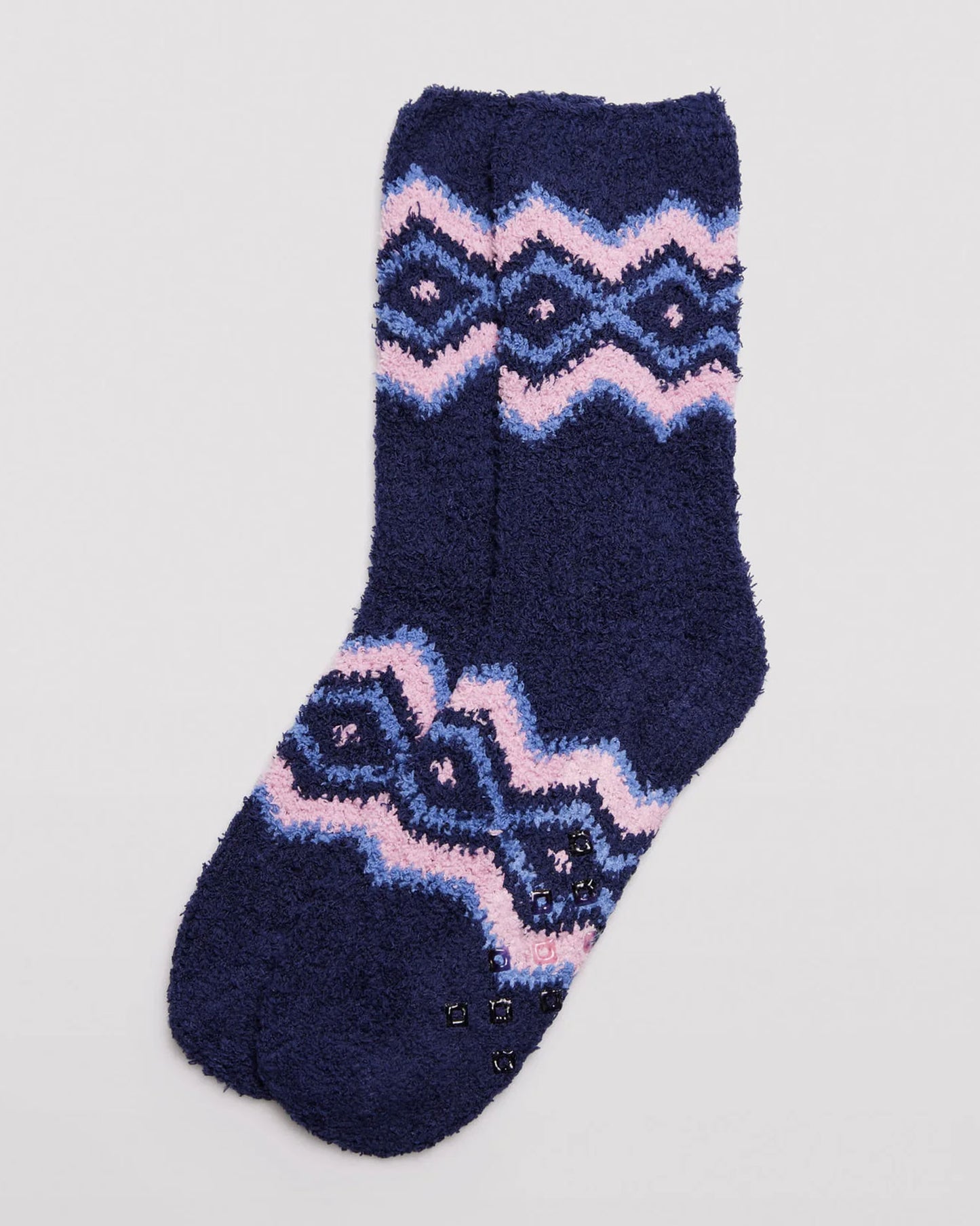 Ysabel Mora 12225 Fluffy Slipper Socks - Navy fluffy and warm flannel slipper socks with a blue and light pink diamond/argyle style design around the cuff and foot, gripper sole, shaped heel, flat toe seam and invisible cuff.