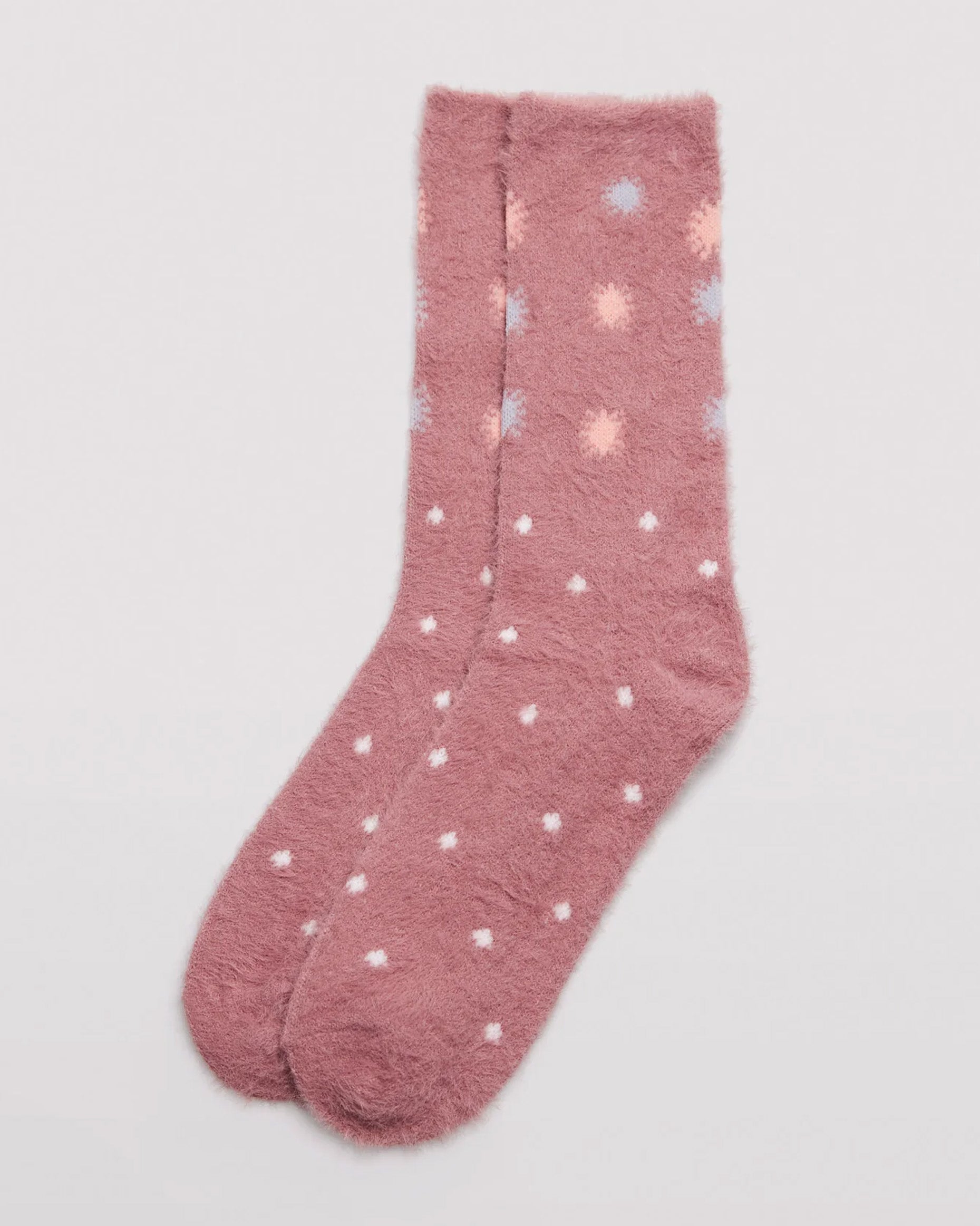 Ysabel Mora 12227 Fluffy Sunny Socks - Fluffy and warm light dirty pink crew length socks with an all over spot and sun style pattern in white and pale blue and peach, shaped heel and thin invisible elasticated cuff.