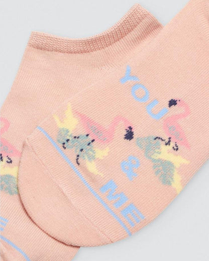 Ysabel Mora Flamingo Sock - Peach coloured low ankle cotton socks with a couple of flamingos and "you & me" text motif on the front. Close up detail.