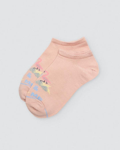 Ysabel Mora Flamingo Sock - Peach coloured low ankle cotton socks with a couple of flamingos and "you & me" text motif on the front.