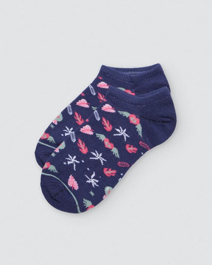 Ysabel Mora Flying Hearts Sock - Navy low ankle socks with flying hearts, leaves, flowers & crystals in pink, sage green and white.