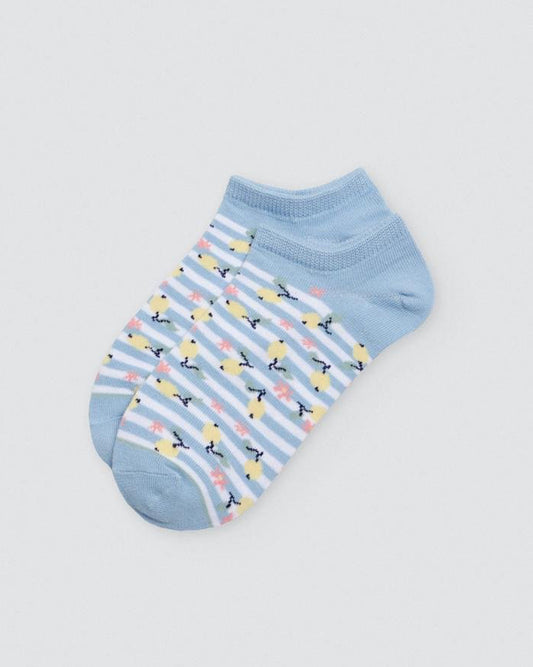 Ysabel Mora Lemon & Stripes Sock - Light blue low ankle cotton socks with white stripes, lemons and flowers pattern.