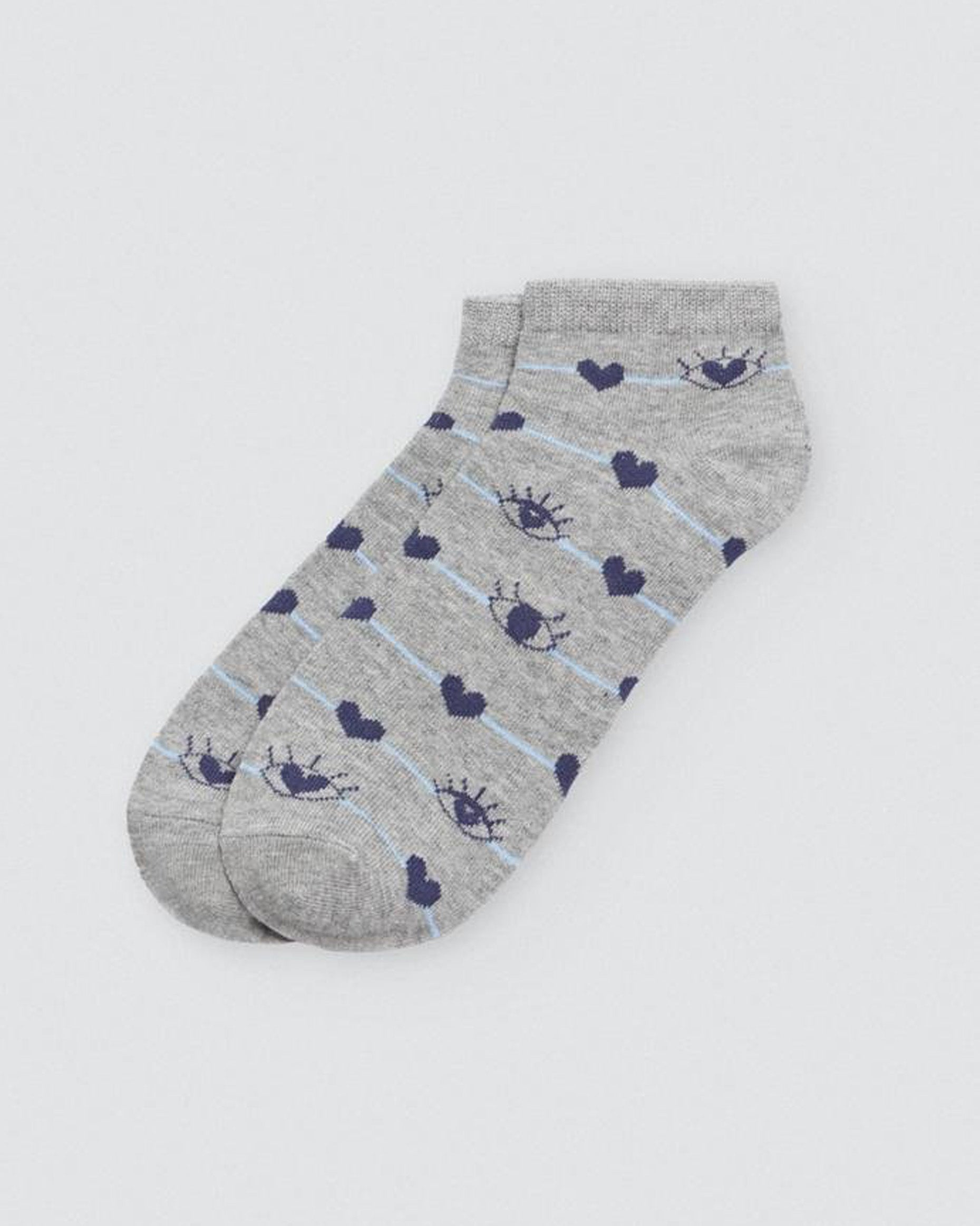 Ysabel Mora Heart & Eye Socks - Low ankle cotton socks with a navy heart and eyes pattern on a thin light blue stripe.