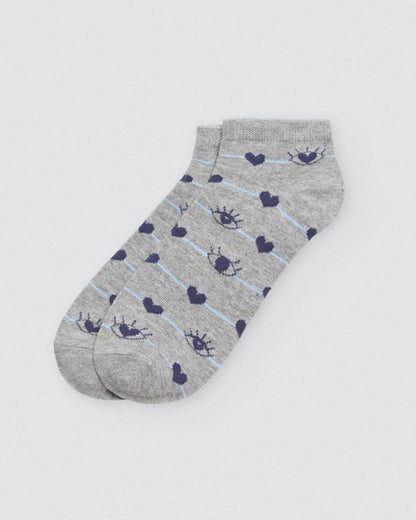 Ysabel Mora Heart & Eye Socks - Low ankle cotton socks with a navy heart and eyes pattern on a thin light blue stripe.