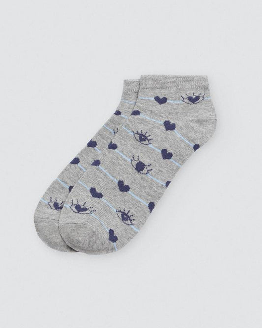 Ysabel Mora Heart & Eye Socks - Low ankle cotton socks with a navy heart and eyes pattern on a thin light blue stripe.