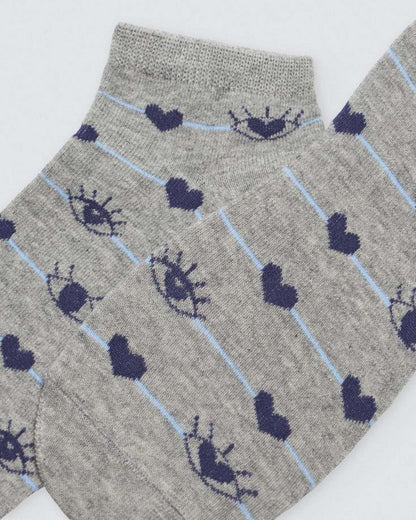 Ysabel Mora Heart & Eye Socks - Low ankle cotton socks with a navy heart and eyes pattern on a thin light blue stripe. Close up.