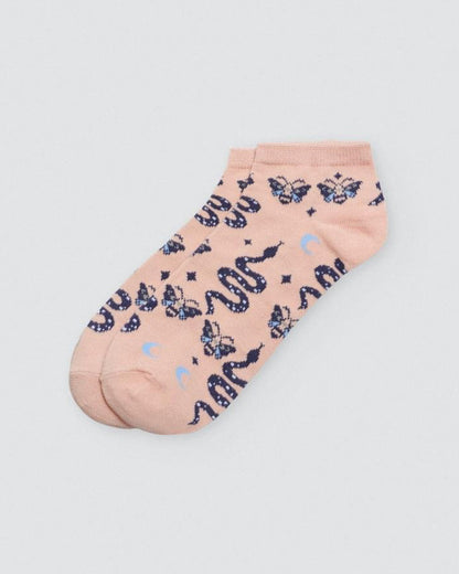 Ysabel Mora Snake & Bees Sock - Peach coloured low ankle cotton socks with snakes, bees, moons and stars pattern in navy and light blue.