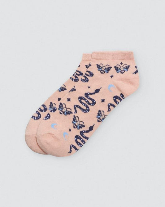 Ysabel Mora Snake & Bees Sock - Peach coloured low ankle cotton socks with snakes, bees, moons and stars pattern in navy and light blue.