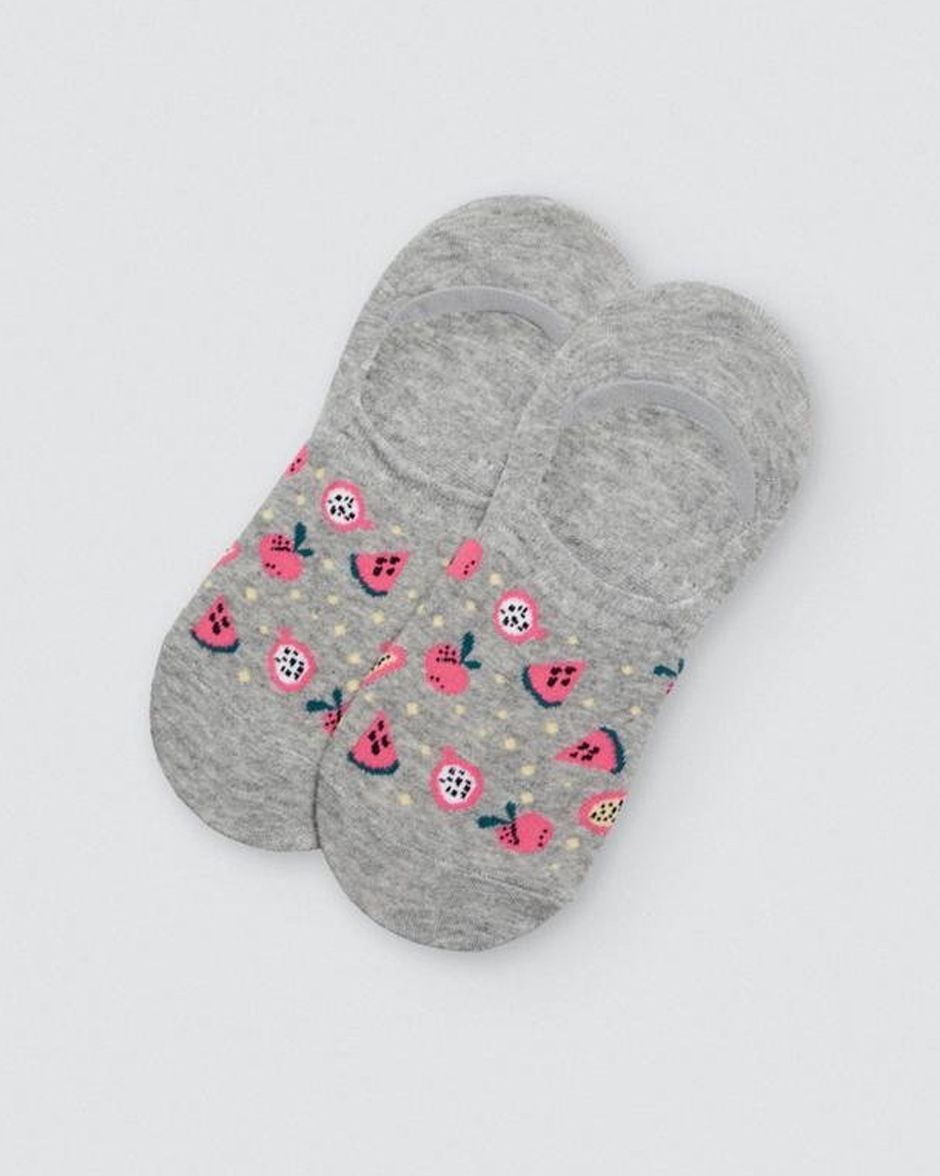 Ysabel Mora 1244 Fruity Shoe Liners - Light fleck grey cotton no show shoe liner footies with watermelon, apple and pomegranate pattern in shades of pink, green and yellow.
