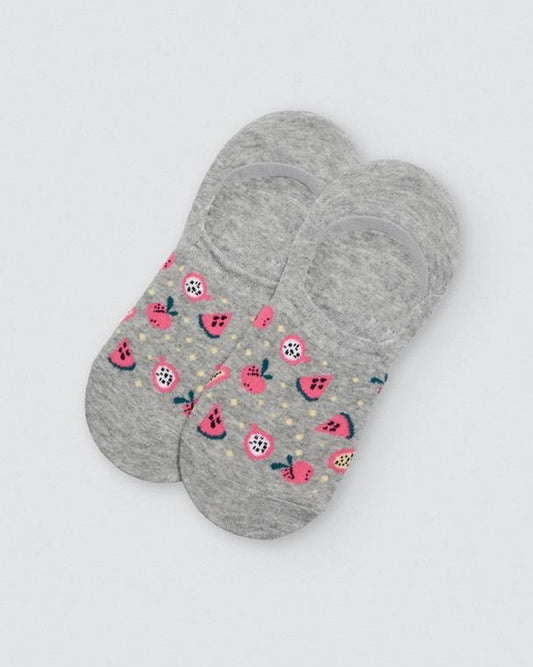 Ysabel Mora 1244 Fruity Shoe Liners - Light fleck grey cotton no show shoe liner footies with watermelon, apple and pomegranate pattern in shades of pink, green and yellow.