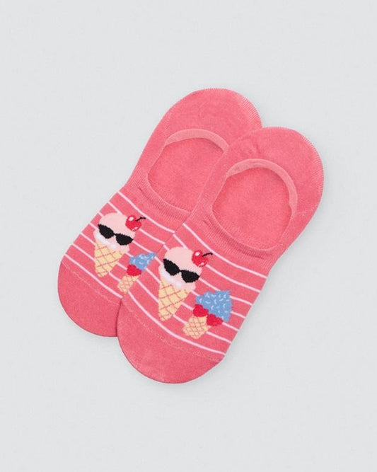 Ysabel Mora 1244 Ice-cream Shoe Liners - Pink cotton no show shoe liner footies with 2 ice-cream cones wearing shades motif on a striped background.
