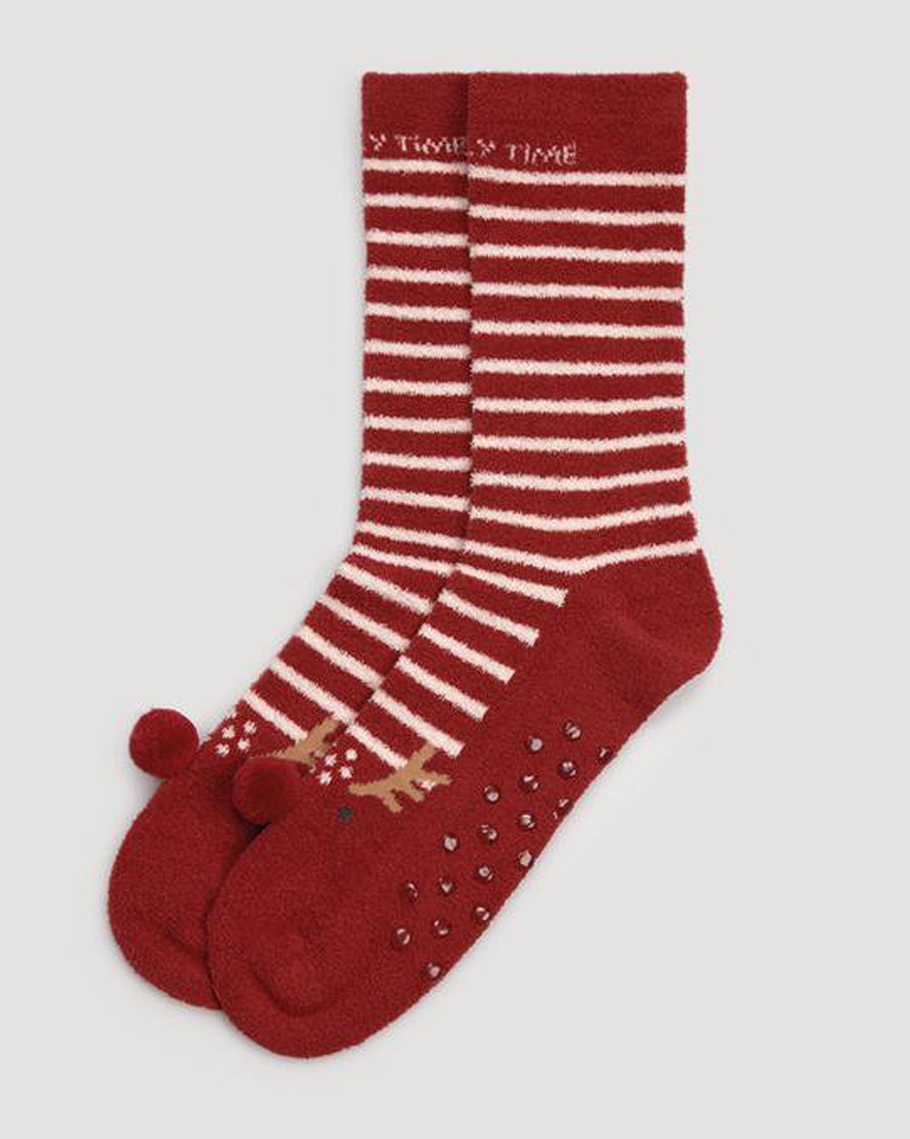 Ysabel Mora 12809 Rudolf Slipper Socks - Dark red fluffy flannel slipper socks gift box with a white stripe pattern, Rudolf at the toe with a red pom pom nose and the text 'Family Time' on the cuff. 