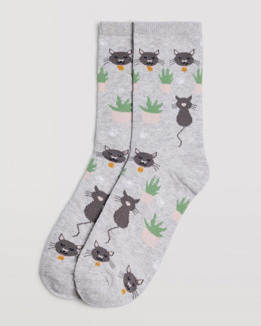 Ysabel Mora 12874 Cat & Houseplant Sock - Light grey cotton crew socks with a grey cat and houseplant pattern, shaped heel, flat toe seam and plain elasticated cuff.