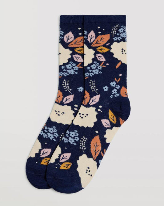 Ysabel Mora 12874 Floral Sock - Navy cotton crew socks with a multicoloured floral and leaf pattern, shaped heel, flat toe seam and plain elasticated cuff.