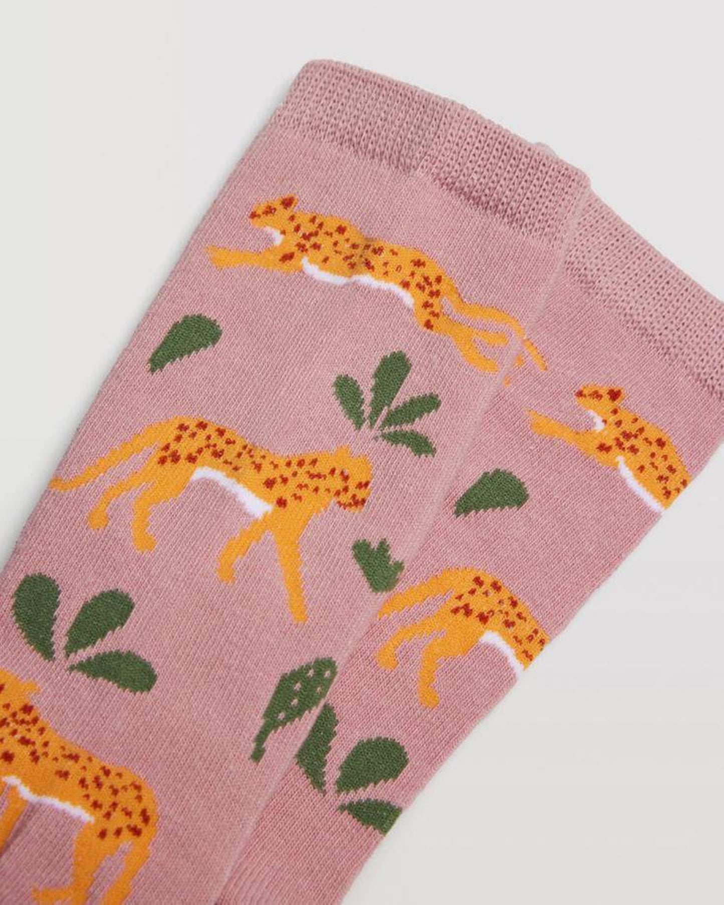 Ysabel Mora 12875 Cheetah Socks - Pale pink cotton crew socks with a pattern of cheetahs in mustard, white and wine and green cactus leaves and plain elasticated cuff.
