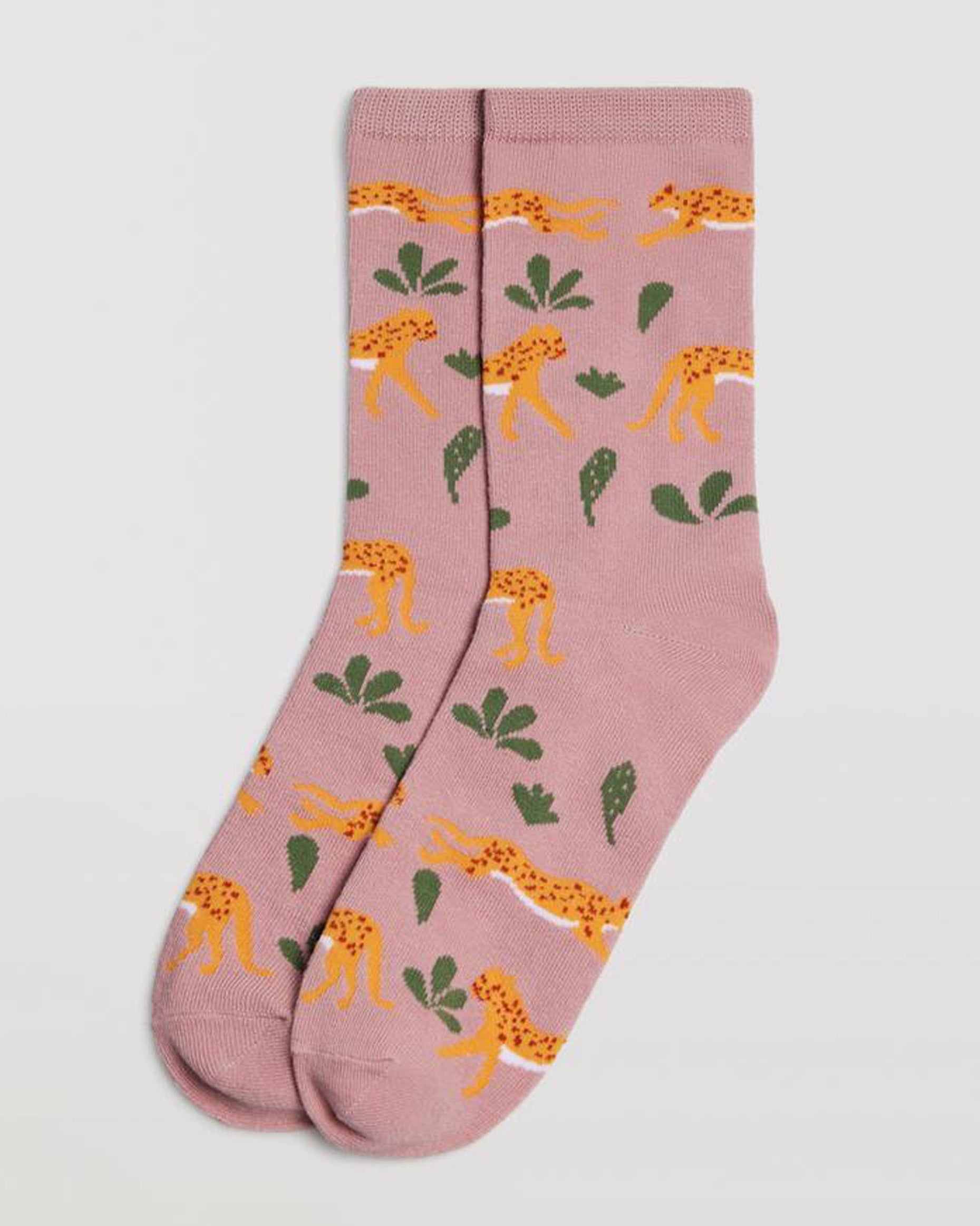 Ysabel Mora 12875 Cheetah Socks - Pale pink cotton crew socks with a pattern of cheetahs in mustard, white and wine and green cactus leaves, shaped heel, flat toe seam and plain elasticated cuff.