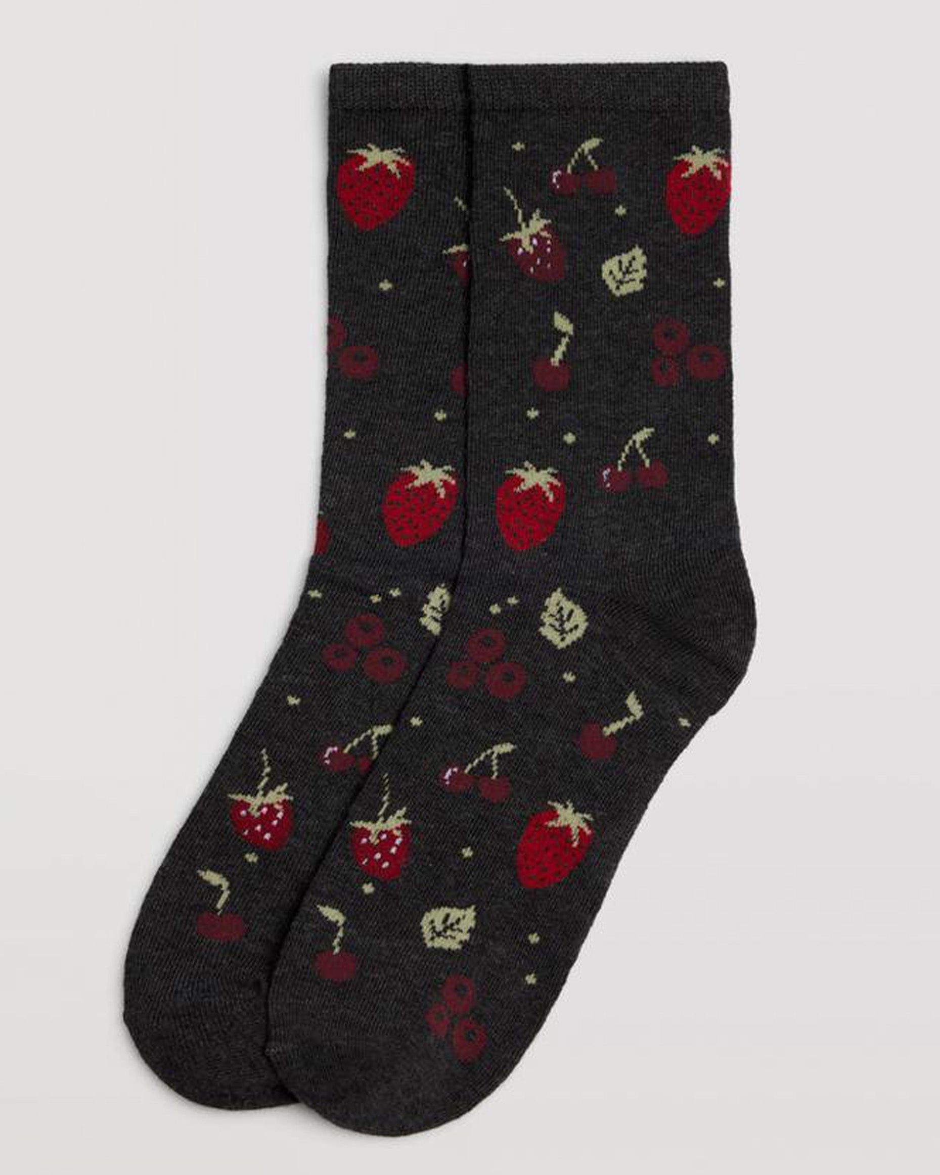 Ysabel Mora 12875 Mixed Berry Sock - Dark grey cotton crew socks with a pattern of mixed berries (strawberries, cherries, blackberries and raspberries) in shades of red and wine with sage green leaves and stems, shaped heel, flat toe seam and plain elasticated cuff.