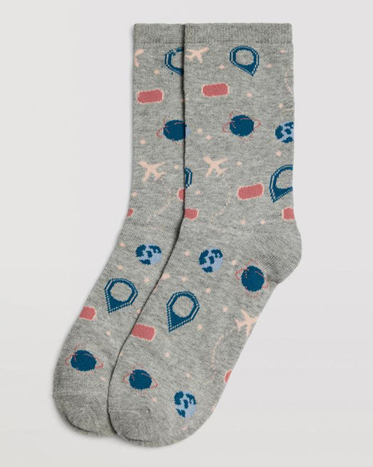 Ysabel Mora 12875 Travel Patterned Socks - Light grey cotton crew socks with travel themed pattern including airplane, globe, location symbol, ear buds in shades of pale pink and blue, shaped heel, flat toe seam and plain elasticated cuff.