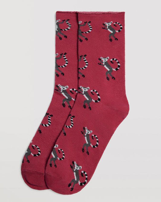 Ysabel Mora 12880 Lemur Sock - Dark red cotton socks with an all over lemur monkey pattern in grey, white and black, shaped heel, flat toe seam and no cuff edge roll.